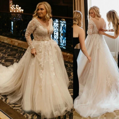 Plus Size Wedding Dresses Long Sleeves V Neck Lace Applique Backless Bridal Gown - Image 1 of 4
