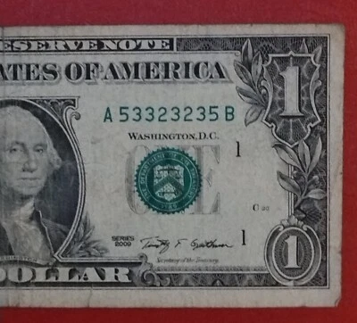 Misaligned $1 One Dollar Bill Trinary Serial Number A53323235B Series 2009 - Image 1 of 4