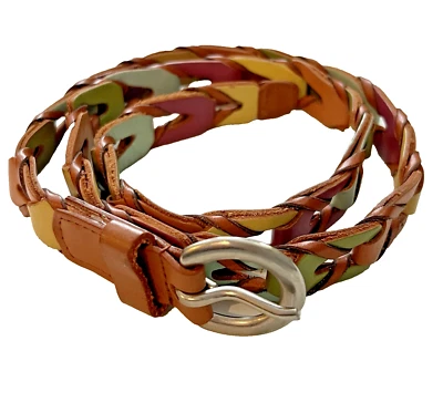 Fossil Vintage 70's Leather Chain Link Belt Browns & Blue Vtg Sz M 38” Boho - Image 1 of 4