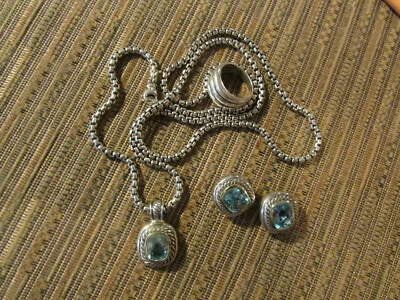 D YURMAN индивидуализированный серебро цепочка, подвеска + серьги с топазами камни - Изображение 1 из 4