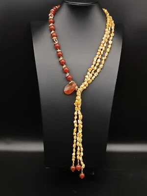 collana donna lunga vere perle corniola naturale sciarpa argento unica - Immagine 1 di 4