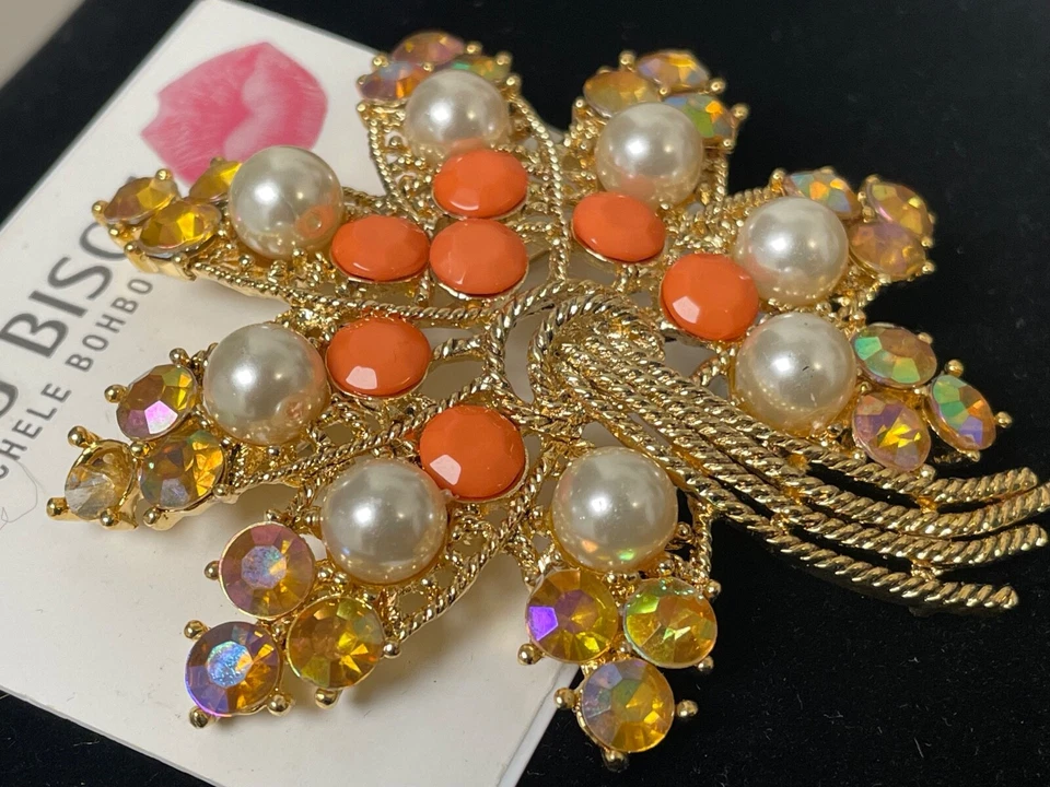 Broche vintage de diamantes de imitación de oro citrino perla BISOU BISOU MICHELE BOHBOT de 2,5” NUEVO EN STOCK Foto 1 de 4