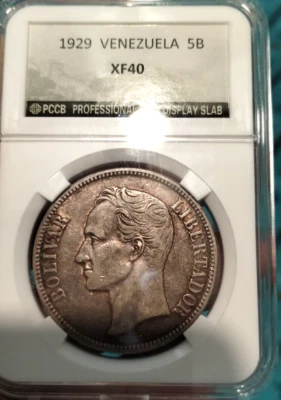 VENEZUELA   1929 -  5 BOLIVARES  SILVER - XF - Image 1 of 3