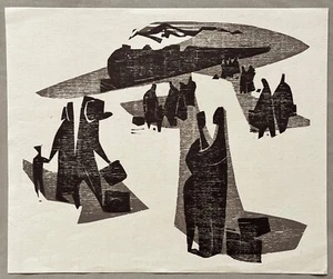 Linolschnitt, Motiv: Reisende, Zug, unsigniert - Bild 1 von 1