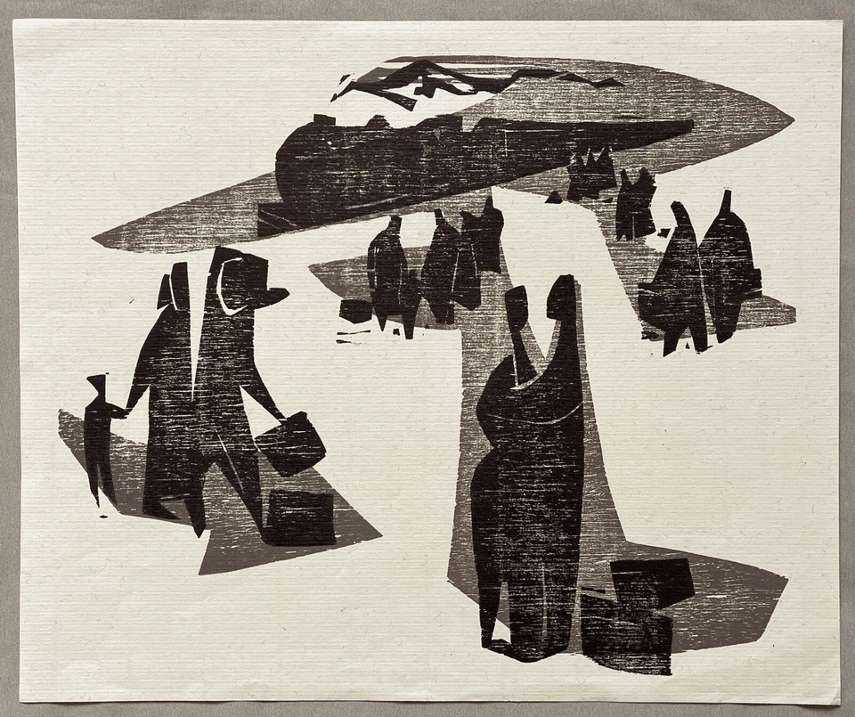 Linolschnitt, Motiv: Reisende, Zug, unsigniert - Bild 1 von 1