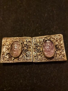 Antique Chinese hand carved Amethyst/Lavender Jade Silver/Copper filigree panels - Picture 1 of 12