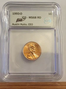 1993 D Lincoln Cent ICG Graded MS 68 RD AUSTIN HUTTO SIGNED - Picture 1 of 4