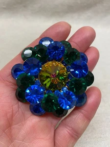 Vintage große Brosche grün blau gelb Strass rund Blume goldfarben - Bild 1 von 3
