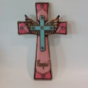 Cowgirl Western Wall Cross Pink Turquoise Wings Rustic Country Decor 14"x8" - Picture 1 of 9