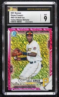 2021 Bowman Chrome Prospects Fuchsia Shimmer Refractor Oneil Cruz CSG 9 Mint - Image 1 of 2