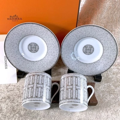 Hermes Demitasse Cup & Saucer Mosaique Au 24 Platinum 2 Sets Tableware w/Box - Image 1 of 4