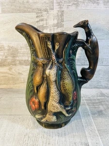 Vintage Majolica Hunting Scene Pitcher Greyhound Dog Handle 10” Ozarks Missouri - Picture 1 of 9