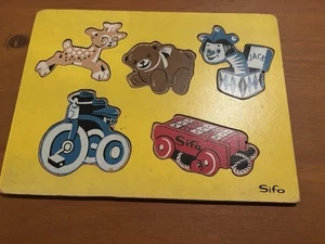 RARE SIFO Wooden Puzzle GIRAFFE Teddy Bear TRICYCLE Jack In The Box WAGON VG FS - Picture 1 of 6