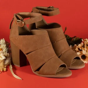 Qupid Damen-Stiefeletten Blockabsatz zehenfrei seitliche Schnalle Farbe braun Größe 7 - Bild 1 von 12
