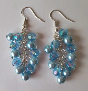 Drop / Dangle Earrings - Baby Blue Faux Pearl & Crystal Clusters - Silver Plated - Picture 1 of 7