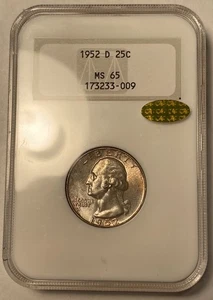 1952-D Washington Quarter NGC MS65 PEGATINA CAC dorada soporte graso antiguo - Imagen 1 de 4