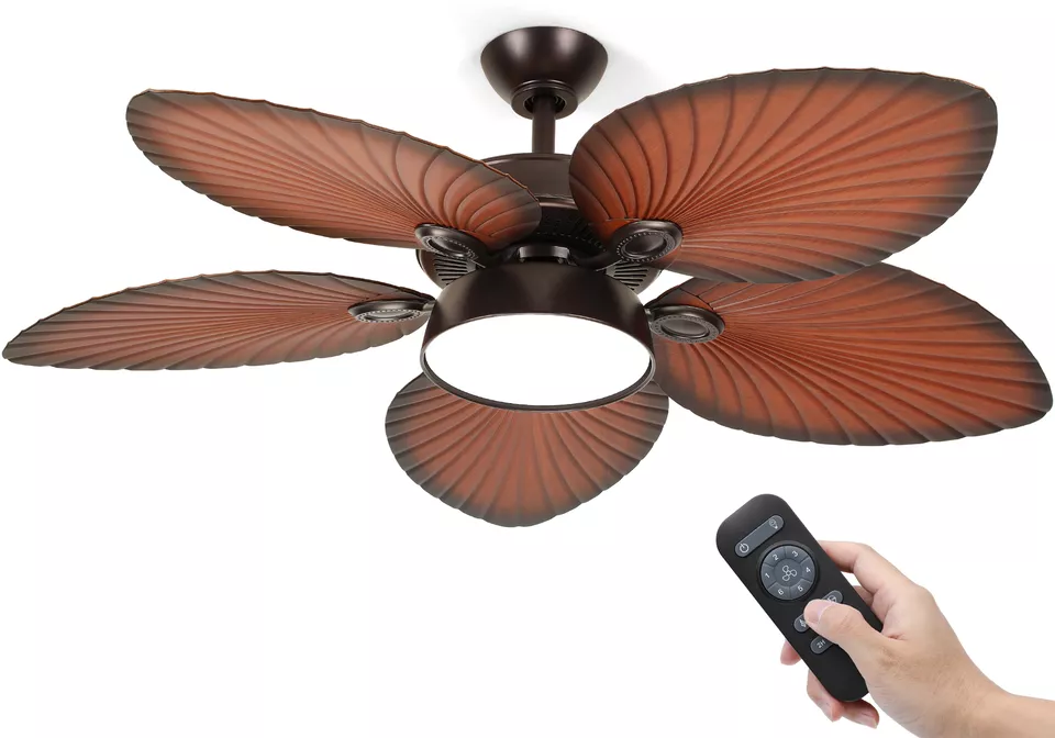 52" Tropical Brown Ceiling Fan 5 Palm Leaf Blades Remote Control Reversible - Image 1 of 4
