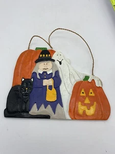Plaque Halloween vintage poterie sorcière fantôme chat noir lanterne Jack O 1997 - Photo 1/3