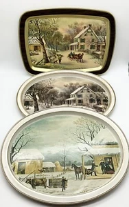 Vintage Lot of 3 Currier and Ives Tin Trays American Homestead Thanksgiving 🔥🔥 - Picture 1 of 4