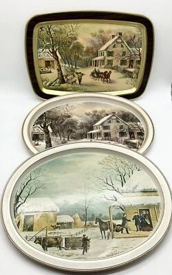 Vintage Lot of 3 Currier and Ives Tin Trays American Homestead Thanksgiving 🔥🔥 - Image 1 of 4