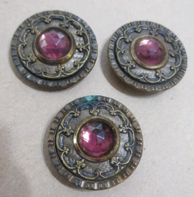 1 1/2" Antique Victorian Gay 90"s Brass Button Purple Pink Faceted Glass Jewel - Image 1 of 3