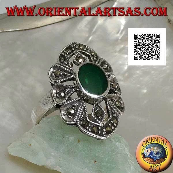 Anello Argento 925‰ agata verde su montatura a forme geometriche con marcasite - Immagine 1 di 1