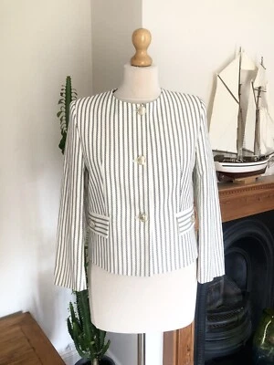 Zara Ecru Navy Striped 3/4 Sleeve Cropped Blazer Jacket XL UK16 # G109XL - Image 1 of 4