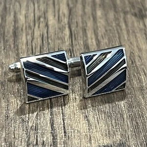 Diagonal Blue Black Stripes Square Cufflinks For Men Birthday Gift In Box - Picture 1 of 8