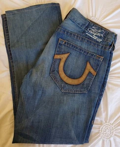 Vintage TRUE RELIGION Jeans-Suede Horseshoe-Low Rise Slim Fit-Whisker Fade-34x32 - Picture 1 of 16