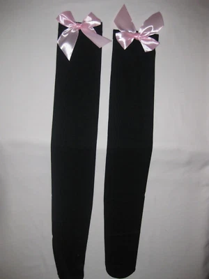 Sheer mesh over the knee socks w/bows black w/pink nip kawaii - Image 1 of 2