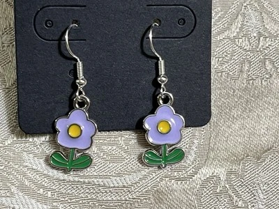 Pendientes informales bohemios de moda colgantes de plata flor margarita púrpura vintage Foto 1 de 2