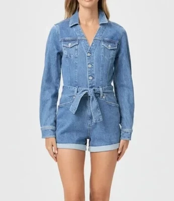 Paige Maggy Tie Waist Denim Romper NWT Sz 6 Tracey Medium Wash Long Sleeve $259 - Image 1 of 4