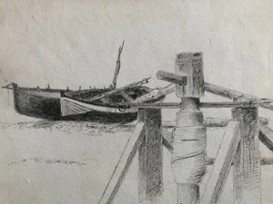 Barques tirées sur le sable — dessin à l'encre signé en bas au milieu — 05-07-01 - Imagen 1 de 6