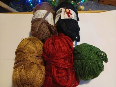 King Cole Krystal Glitter 5 x Balls Lacy Yarn Red, Green, Gold & Scarf Pattern - Image 1 of 4