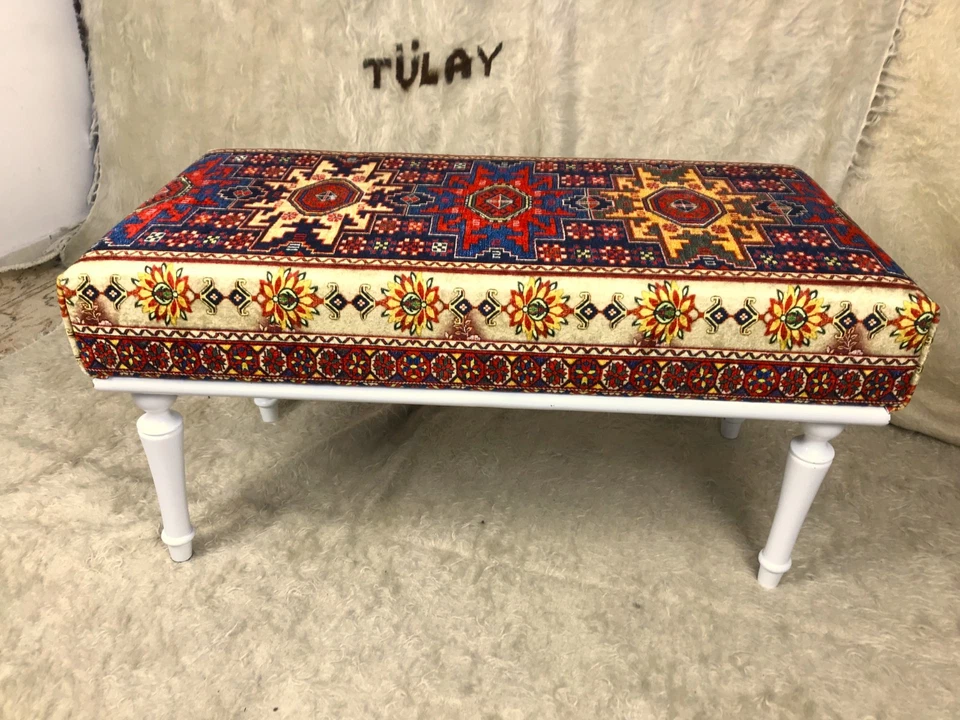 Handmade Kilim Upholstered Ottoman Footstool Piano Entryway Bedroom Bench - Image 1 of 1