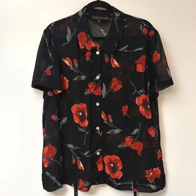 Donna Ricco NY 黑色花卉透明纽扣绑带衬衫 14 码 — 第 1/4 张图片