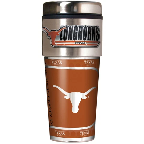 TEXAS LONGHORNS 16 OZ STAINLESS STEEL COFFEE TRAVEL MUG WITH METAL EMBLEM Cover