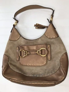 Cole Haan Stephanie Suede bronze studded leather horsebit hobo equastrian bag - Picture 1 of 7