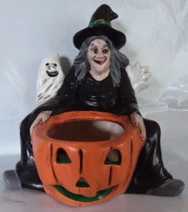 VTG Ceramic HALLOWEEN Witch, Ghost & Open Top Jack o Lantern Cauldron 8.5" x 7" - Picture 1 of 7