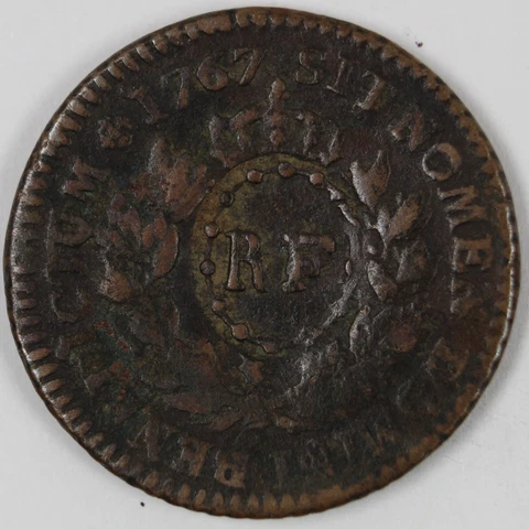 1767 COPPER "SOU" (12 DENIERS) W/ "RF" COUNTERSTAMP -- FRENCH COLONIES Cover
