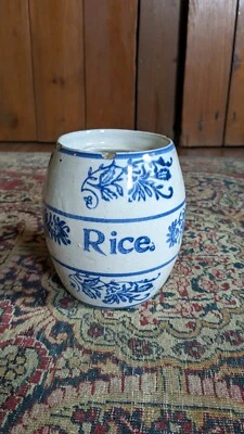 Antique Country Old Blue Stoneware Rice Cobalt Spice Crock Jar 5.5" - Image 1 of 4