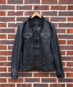 All Saints Mens Leather Trucker Jacket MEDIUM Black Biker AllSaints Bomber Moto - Picture 1 of 12
