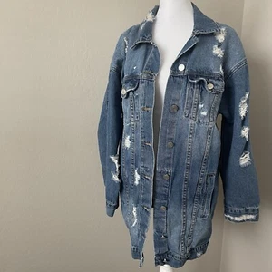 Denim Longline Distressed Jacket Button Up Oversized - Picture 1 of 4