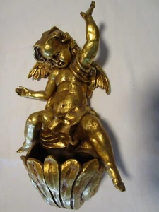 Vintage Putti Angel Cherub shell pocket gilded Wall Hanging 16.5” tall - Picture 1 of 15