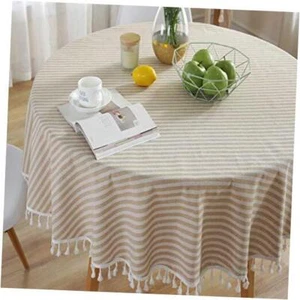 Stripe Tassel Round Tablecloth Cotton Linen Round,60 inch Stripe Tassels Beige - Picture 1 of 7