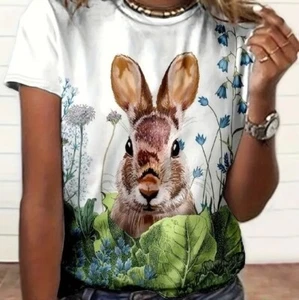 COLORFUL Floral & Rabbit Print Short Sleeve White sz. M T-SHIRT - Picture 1 of 9