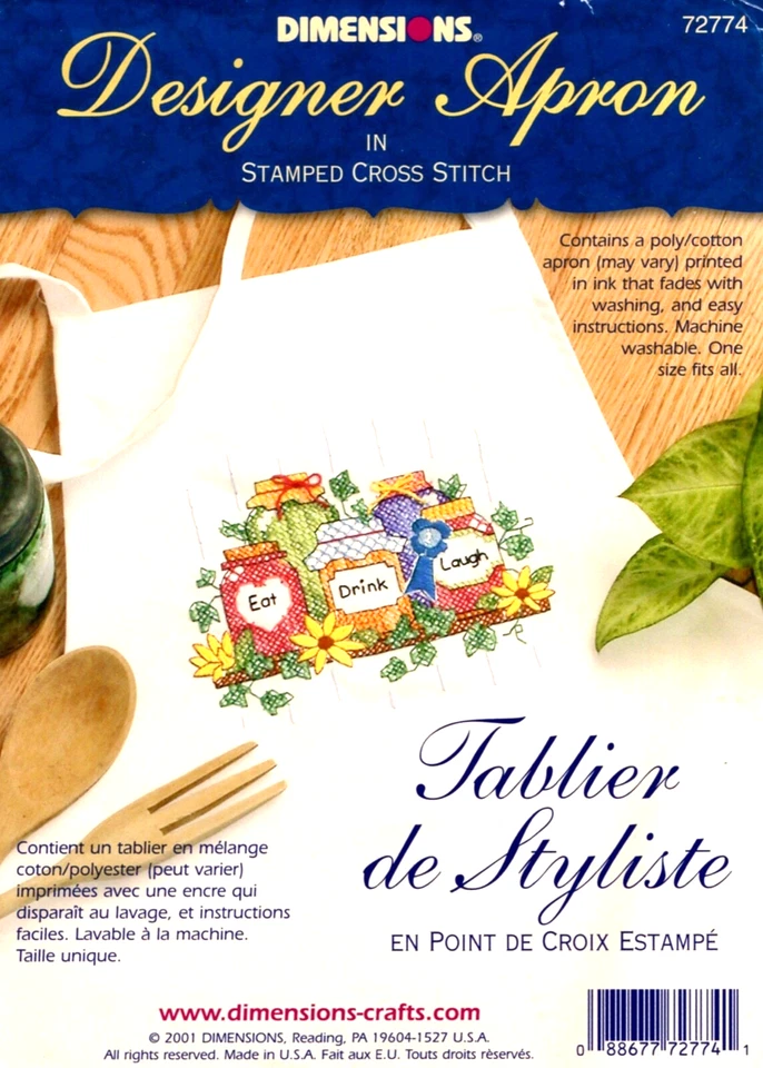 EAT DRINK LAUGH Apron Stamped Embroidery Kit Dimensions 72774 with Thread - Image 1 of 1