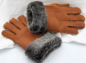 REAL GENUINE SHEEPSKIN SHEARLING LEATHER GLOVES UNISEX, COGNAC BROWN / ASH S-2XL - Picture 1 of 10