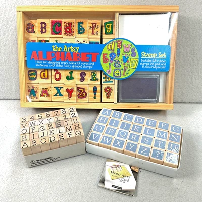 Lote de 3 juegos de estampillas del alfabeto letras de goma de madera sellos artesanales sin usar Foto 1 de 4