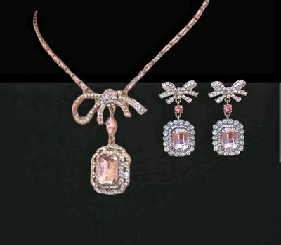 14k White Gold Plated Pink Bow Necklace & Earring Set Lab-Created Swarovski... - Image 1 of 4